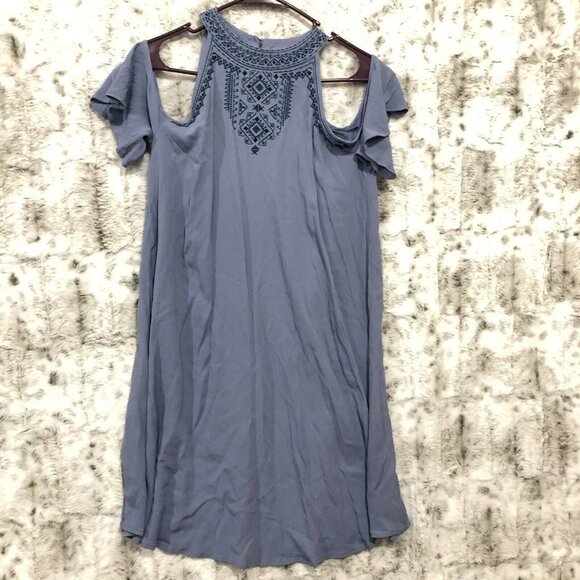 KNOX ROSE Womens M Dress Cold Shoulder Blue Embroidered High Neck Knee Length - Picture 1 of 9